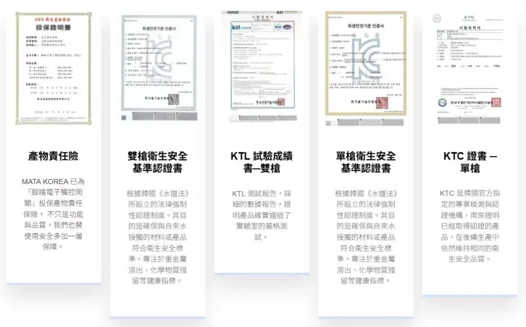 腳踏開關雙槍/單槍衛生安全基準認證書、KTL試驗成績書、KTC證書、產物責任保險